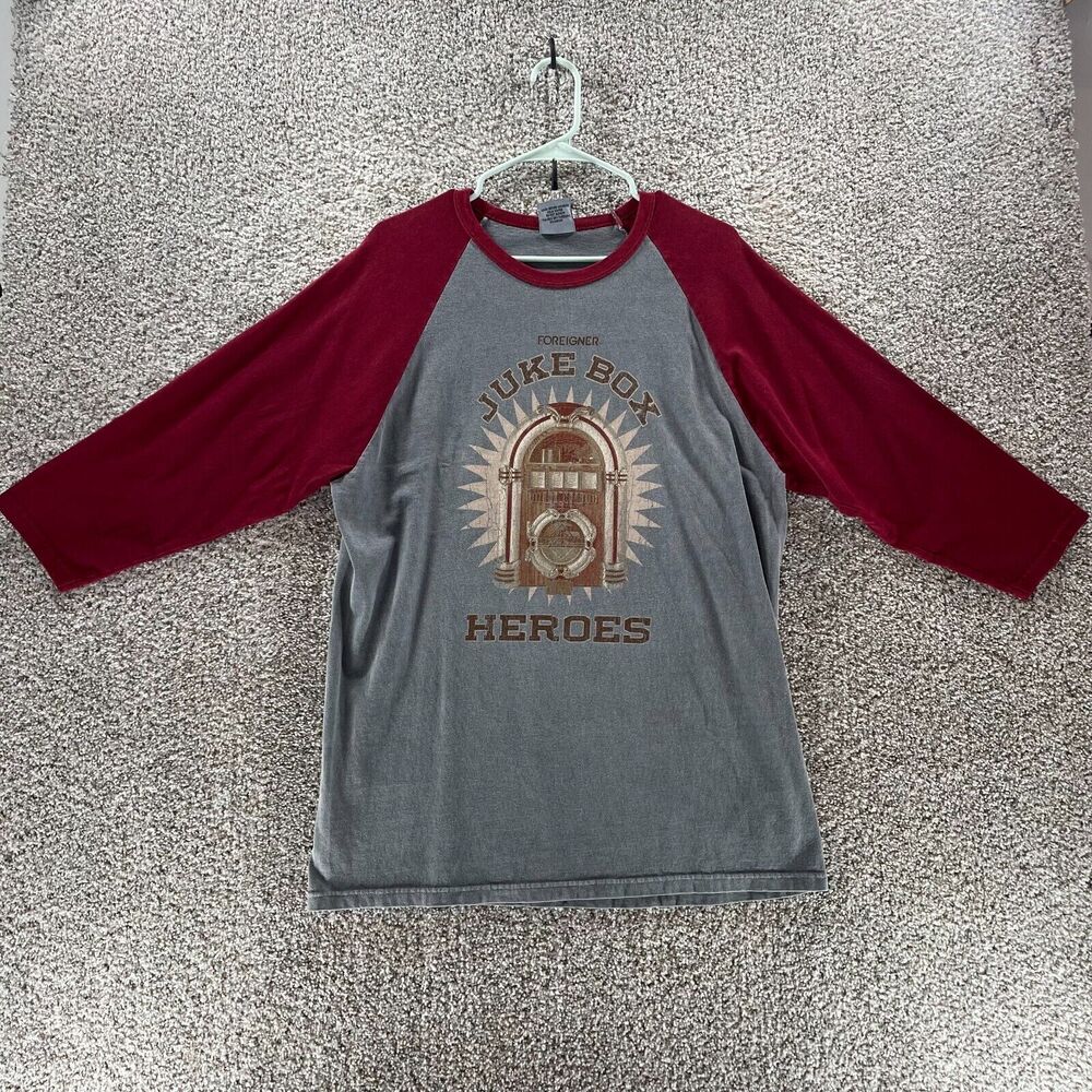 Foreigner Shirt Mens Medium Gray Red Raglan Long Sleeve Juke Box Hero Cotton VTG